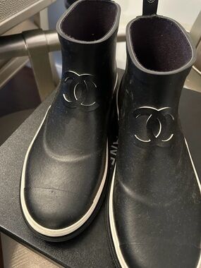 CHANEL Black and White Rubber Logo Booties